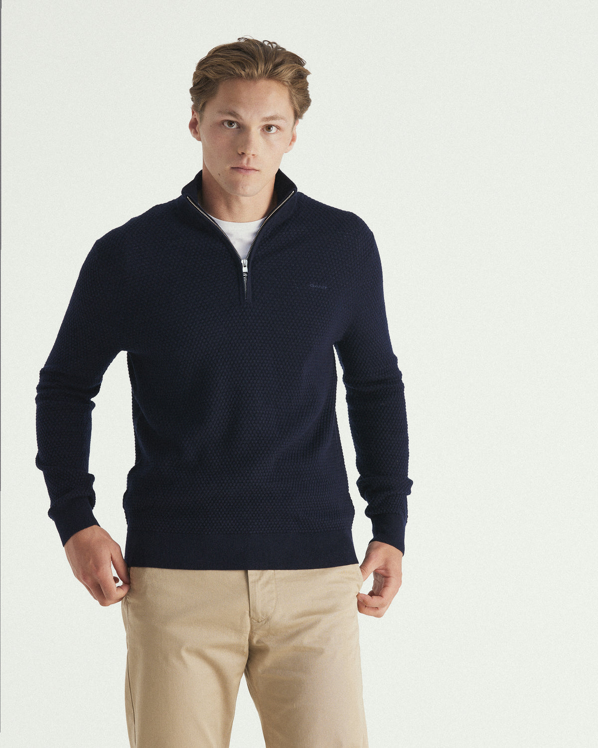 Textured Cotton Merino Half Zip Sweater