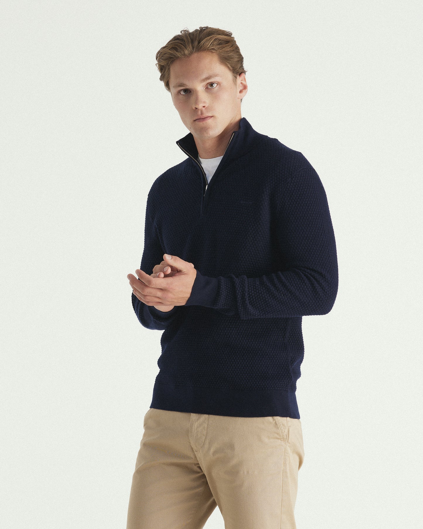 Textured Cotton Merino Half Zip Sweater