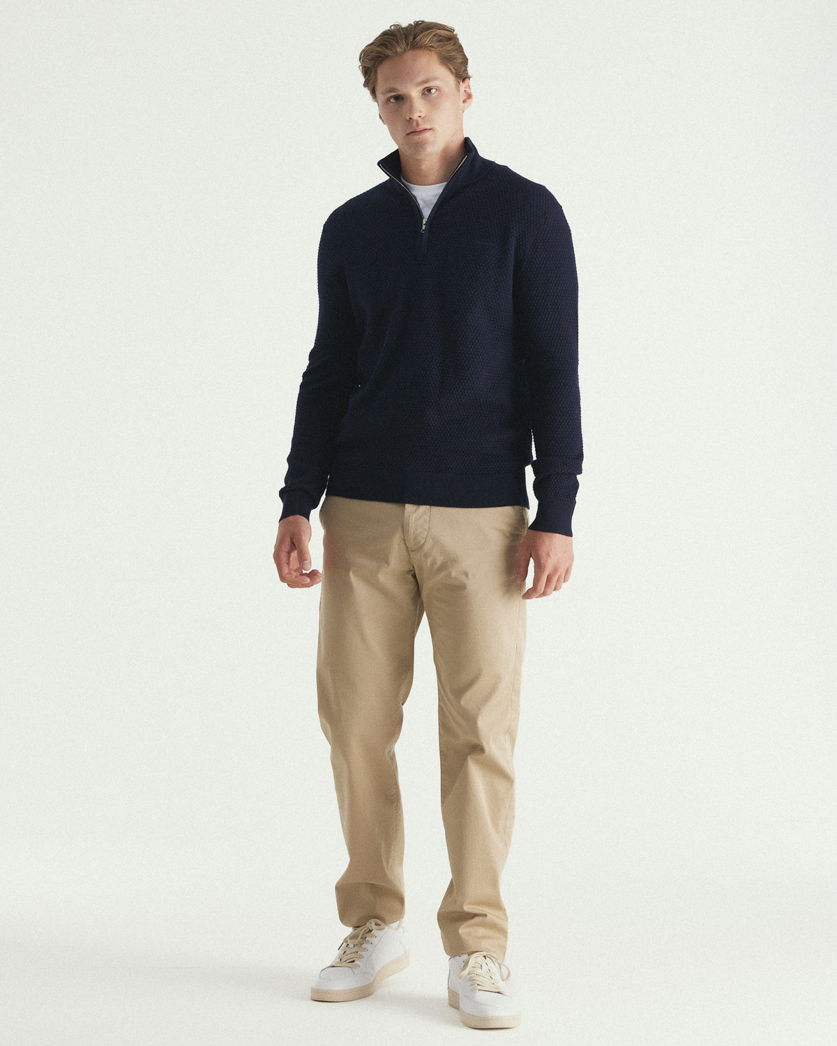 Textured Cotton Merino Half Zip Sweater